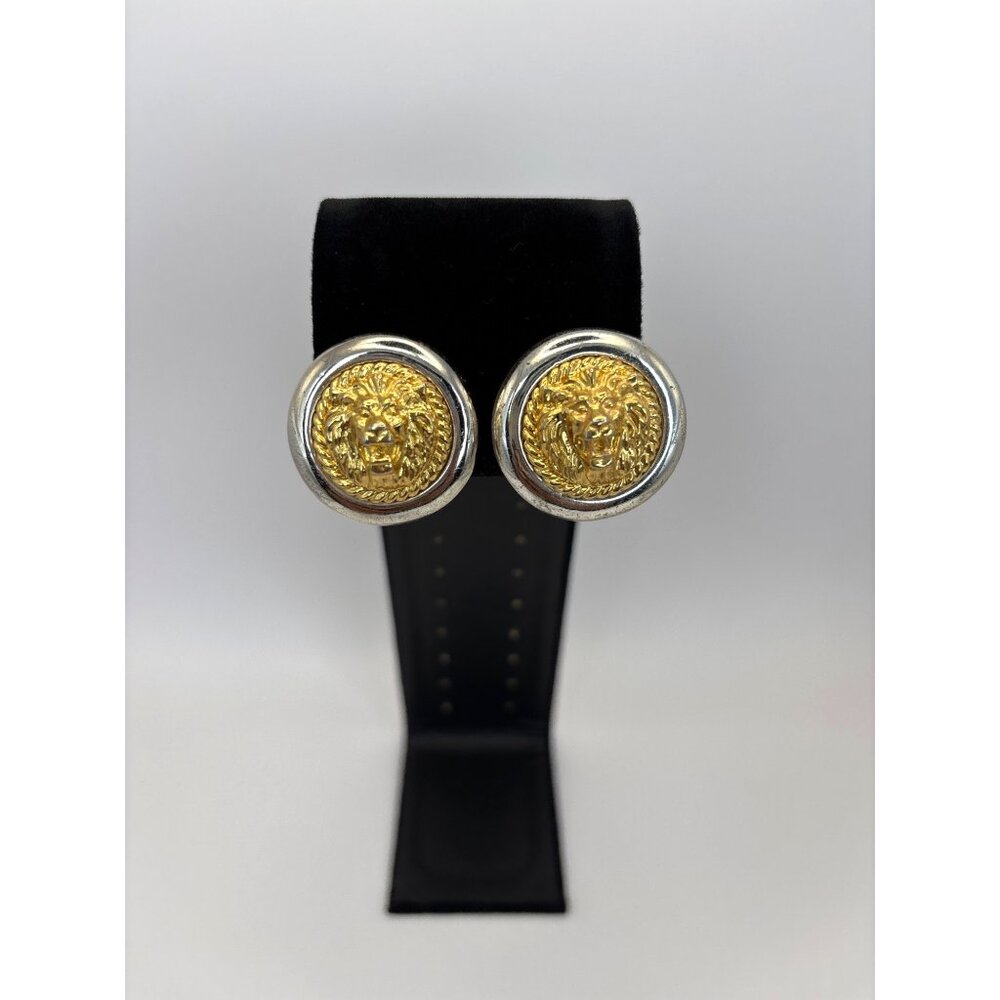 Vintage 1980’s Two Tone Silver Gold Lion Head Clip On Earrings